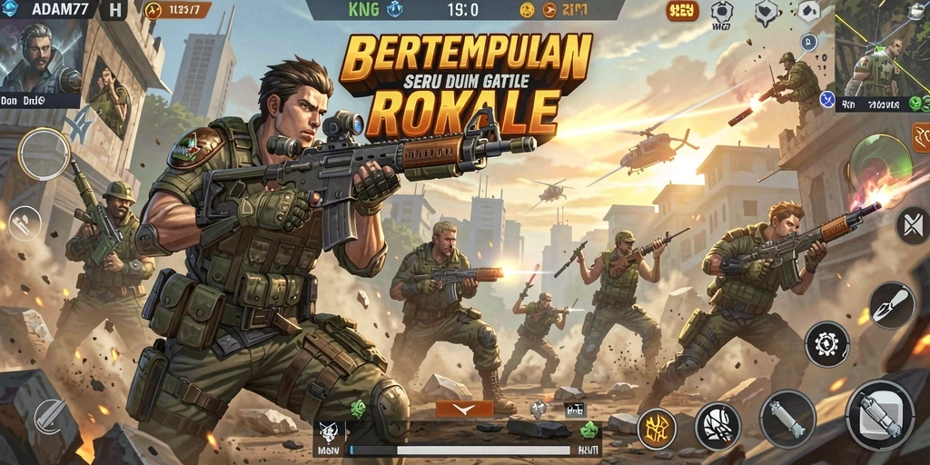 Screenshot gameplay ADAM77 menampilkan karakter dalam aksi pertempuran Battle Royale.
