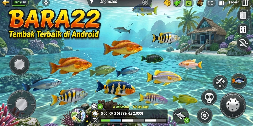 Screenshot gameplay BARA22 menunjukkan aksi menembak ikan yang seru.