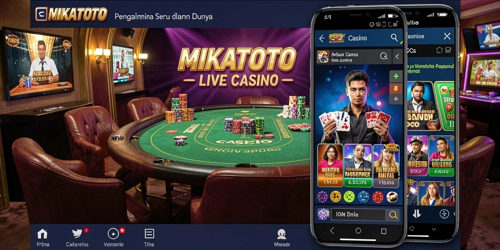 Screenshot gameplay MIKATOTO menunjukkan dealer langsung dan suasana casino yang autentik.