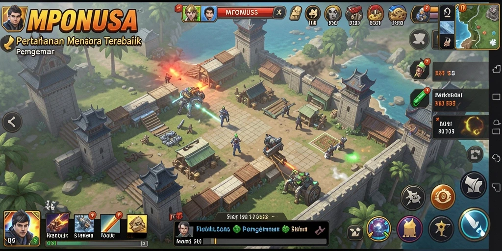 Screenshoot utama gameplay MPONUSA dengan menara dan karakter unik.