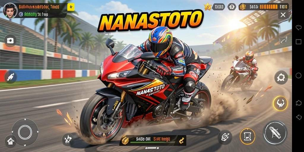 Gameplay NANASTOTO menunjukkan balapan motor yang seru dan kompetitif.
