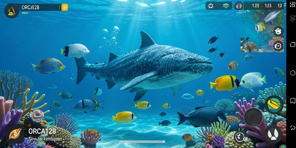 Tampilan gameplay ORCA128 yang memukau dengan kehidupan laut yang beragam.