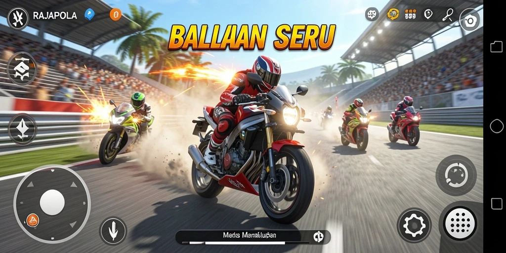 Tampilan gameplay seru dalam RAJAPOLA dengan balapan motor cepat.