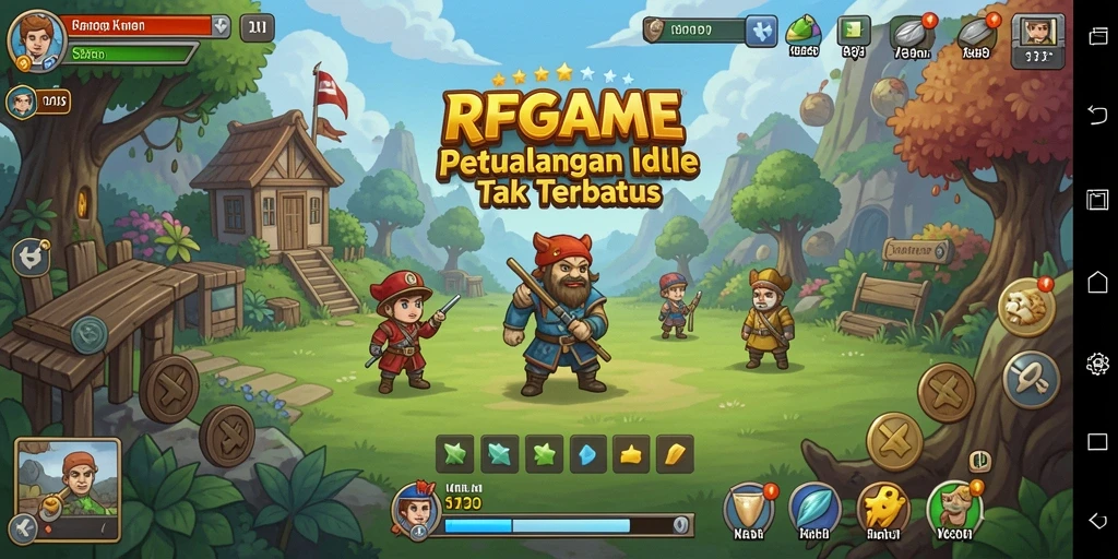 Screenshot utama RPGAME yang menampilkan karakter dan pertempuran Idle.