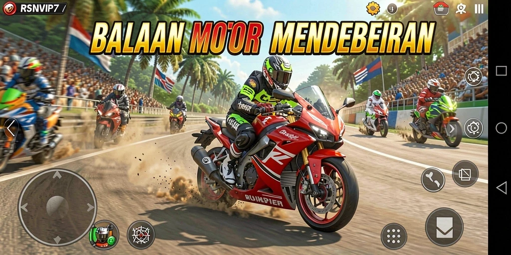 Menampilkan aksi balapan motor yang intens dan mendebarkan.