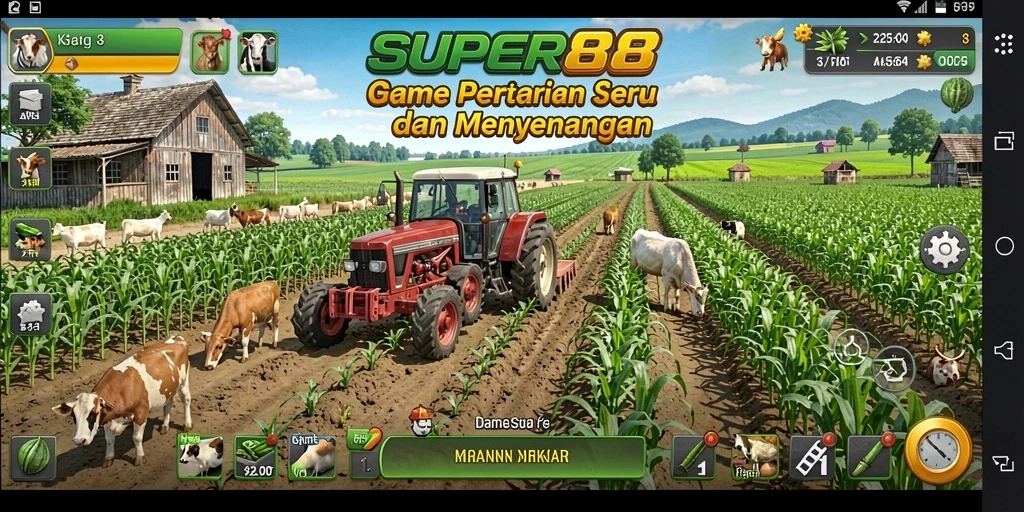 Tampilan gameplay SUPER88 dengan aktivitas bertani yang seru.