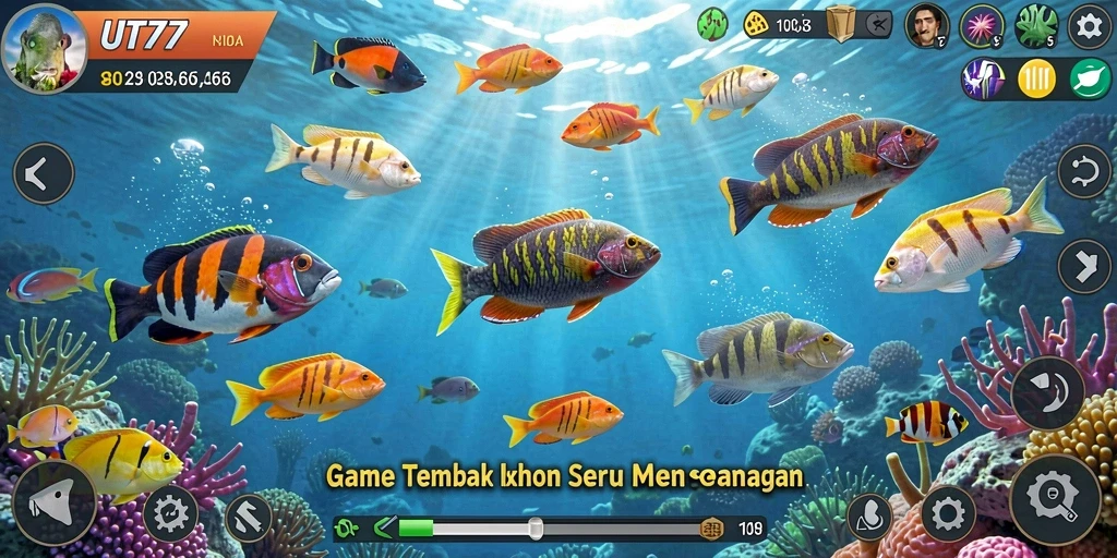 Screenshot UT77 menampilkan gameplay menembak ikan yang seru.